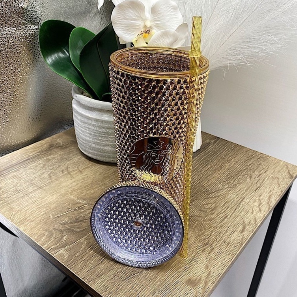 Starbucks Tumbler NWT 2022 Winter Holiday Gold Metallic Chrome Bling Studded - Picture 6 of 7